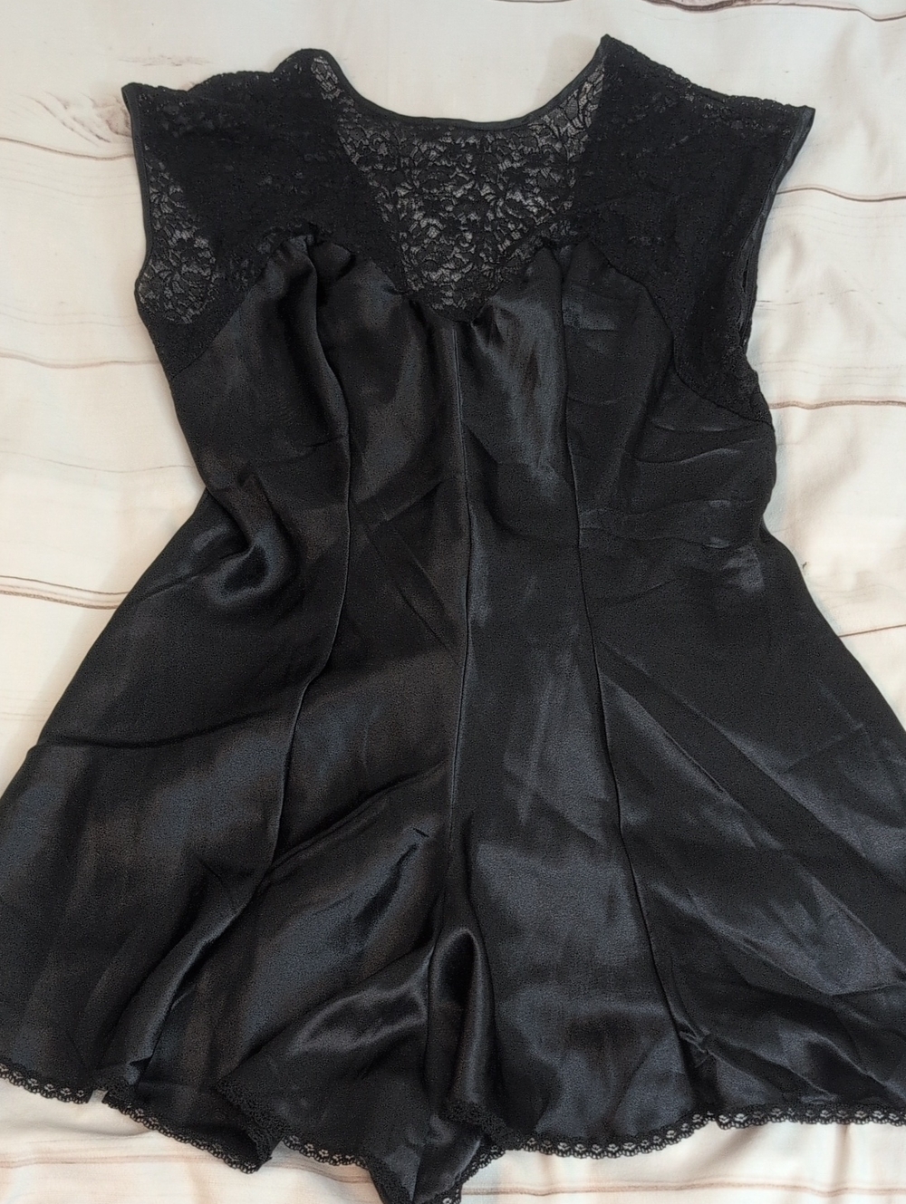 Vintage Wonder Maid Black Nylon Teddy Romper M Lace Satin Lingerie Made USA